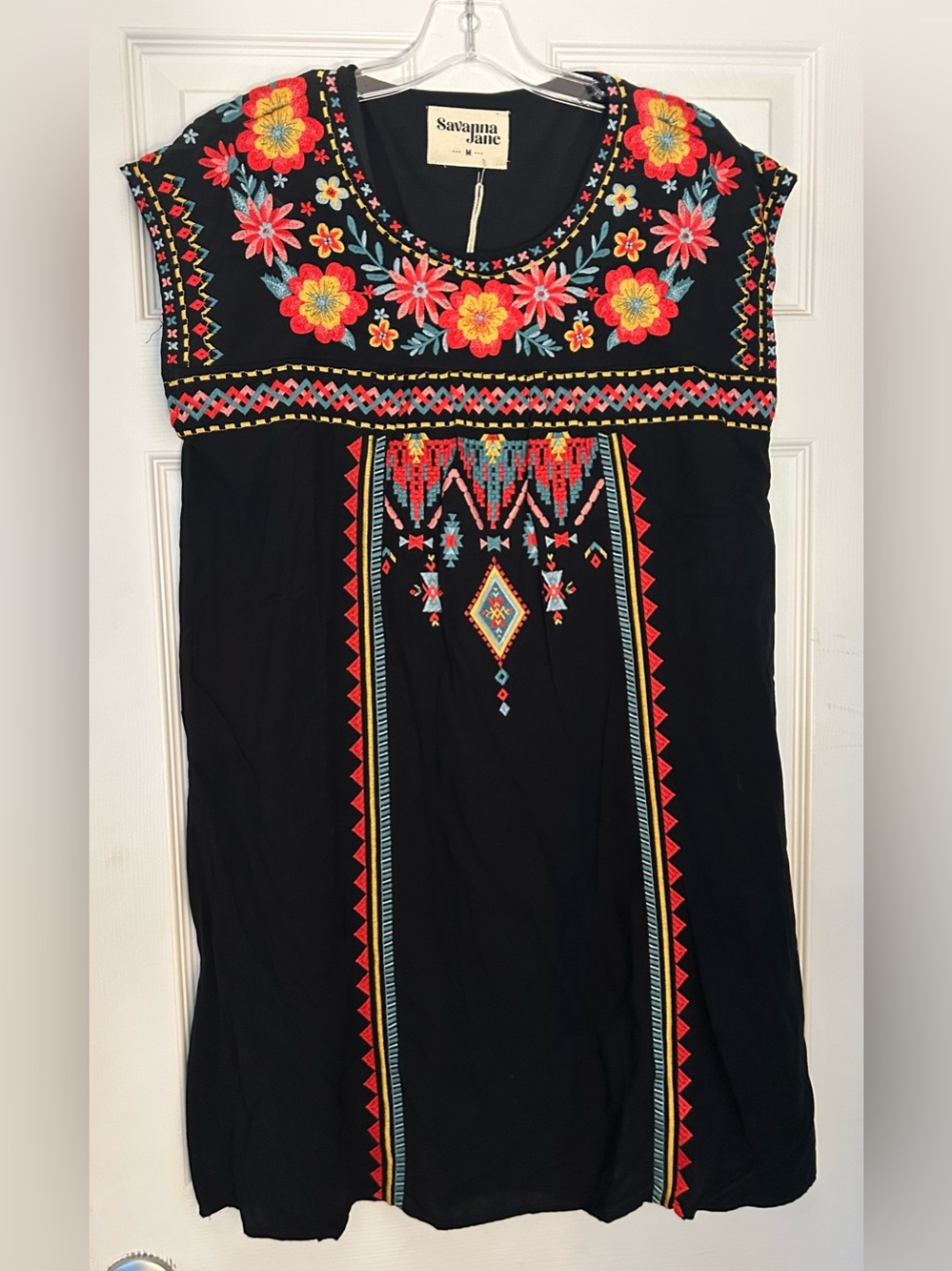 Savanna Jane Black Dress with Bright Floral Embroidery